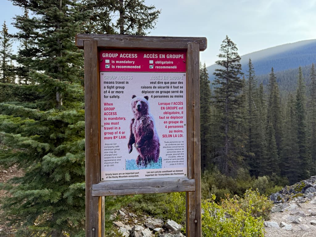 Bear country-skilt ved Moraine Lake med information om bjørne i Banff National Park